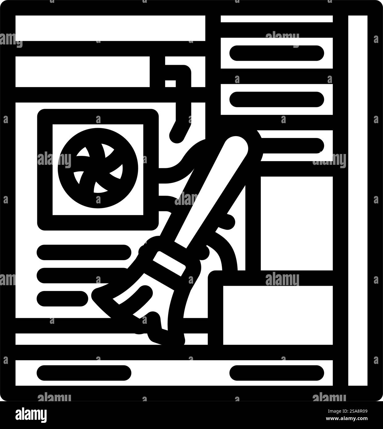 pulitura pc riparazione icona linea computer vettore. pulitura pc riparazione segnaletica computer. illustrazione nera del simbolo del contorno isolato. immagine vettoriale dell'icona della linea del computer per la riparazione della pulizia del pc Illustrazione Vettoriale