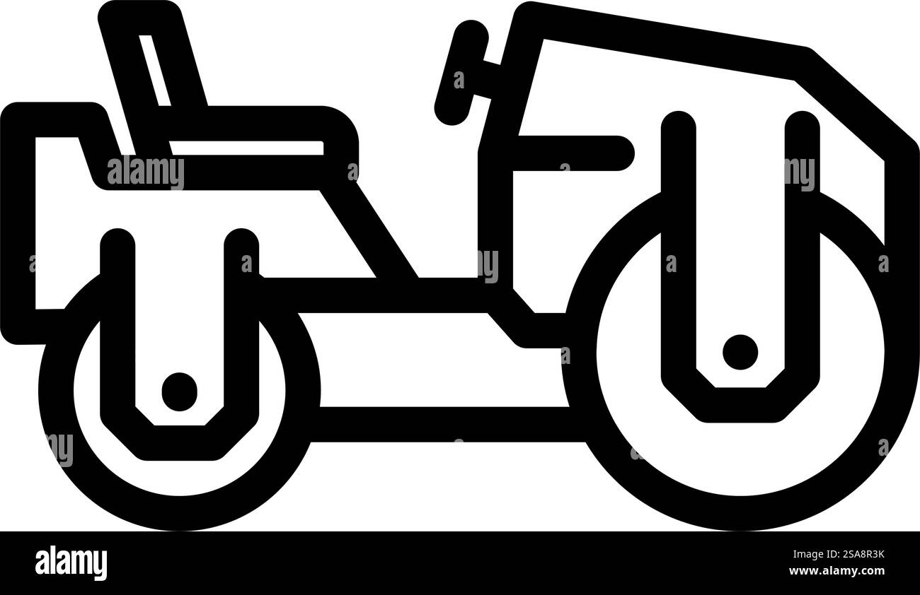 vettore icona della linea del veicolo con rullo di compattazione. cartello per veicoli edili a rulli di compattazione. illustrazione nera del simbolo del contorno isolato. illustrazione vettoriale dell'icona del rullo di compattazione della linea del veicolo Illustrazione Vettoriale