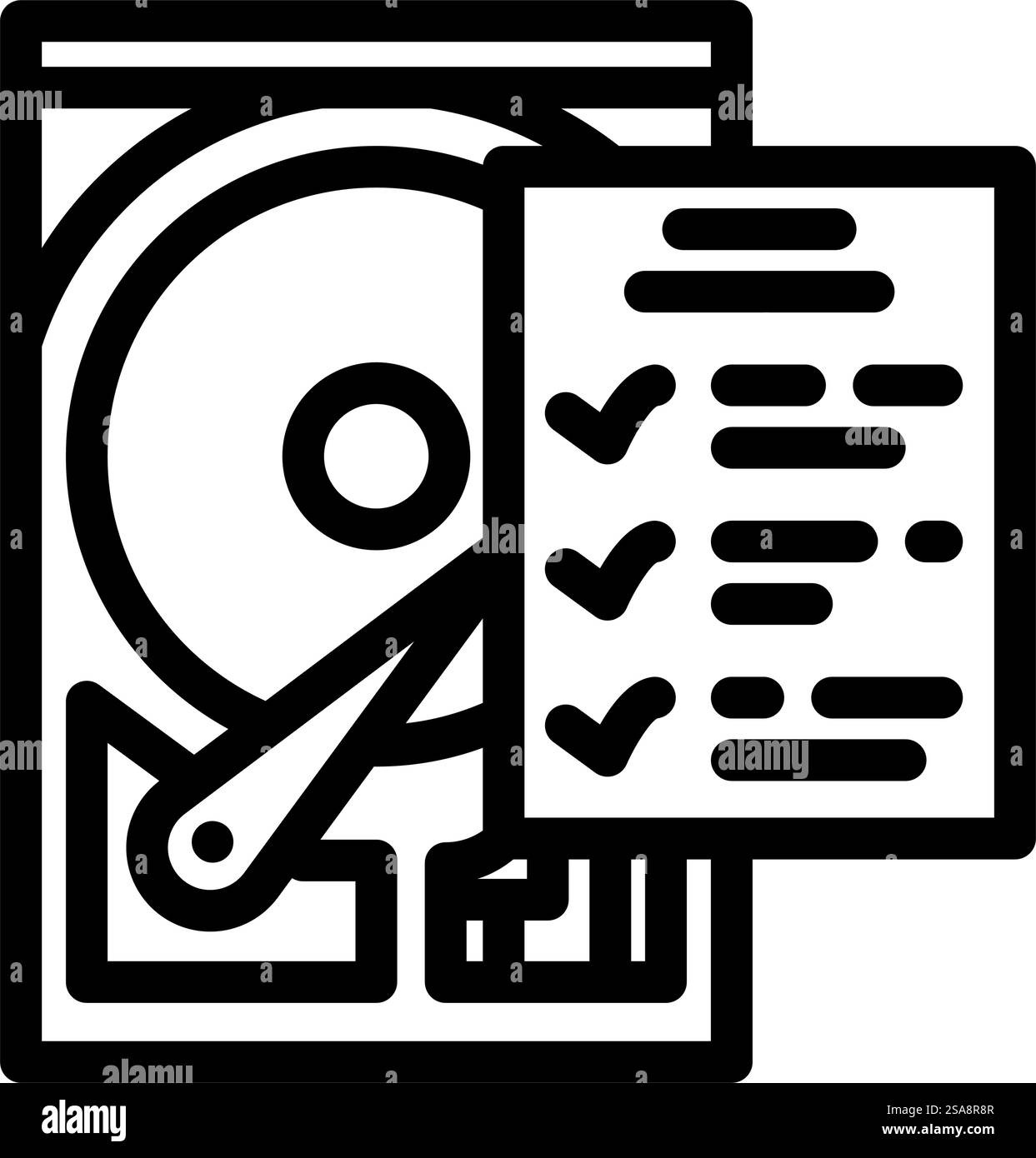 controllo disco rigido, riparare il vettore dell'icona della linea del computer. controllo disco rigido, segnale del computer di riparazione. illustrazione nera del simbolo del contorno isolato. immagine vettoriale dell'icona della linea del computer di riparazione del controllo del disco rigido Illustrazione Vettoriale