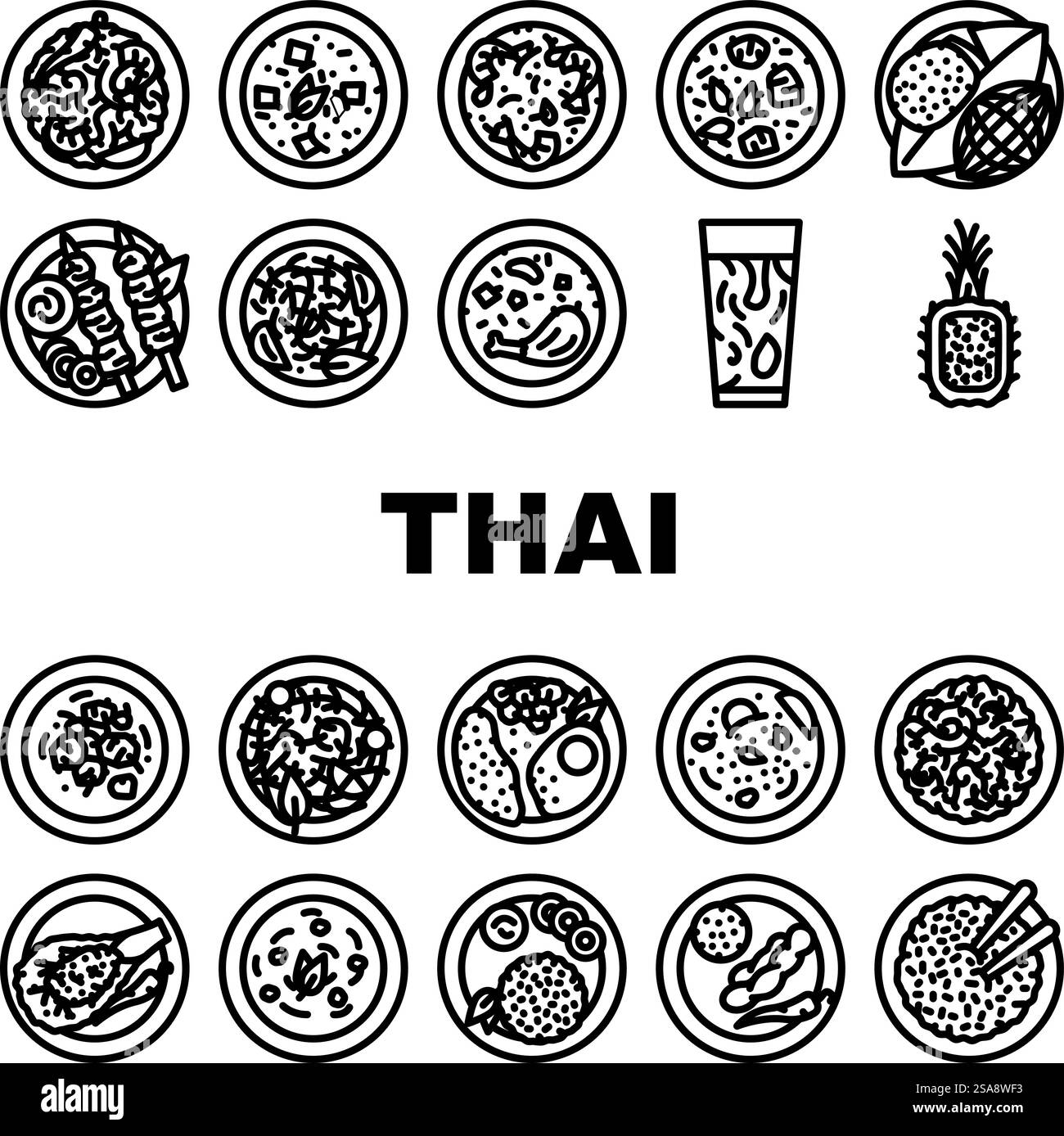 cucina thailandese piatti asiatici con icone vettoriali. ristorante cinese, cucina tailandese, cena, menu a base di piatti, ciotola, cucina thailandese tradizionale piatti asiatici illustrazioni di contorno nero. cucina thailandese piatti asiatici con icone vettoriali Illustrazione Vettoriale