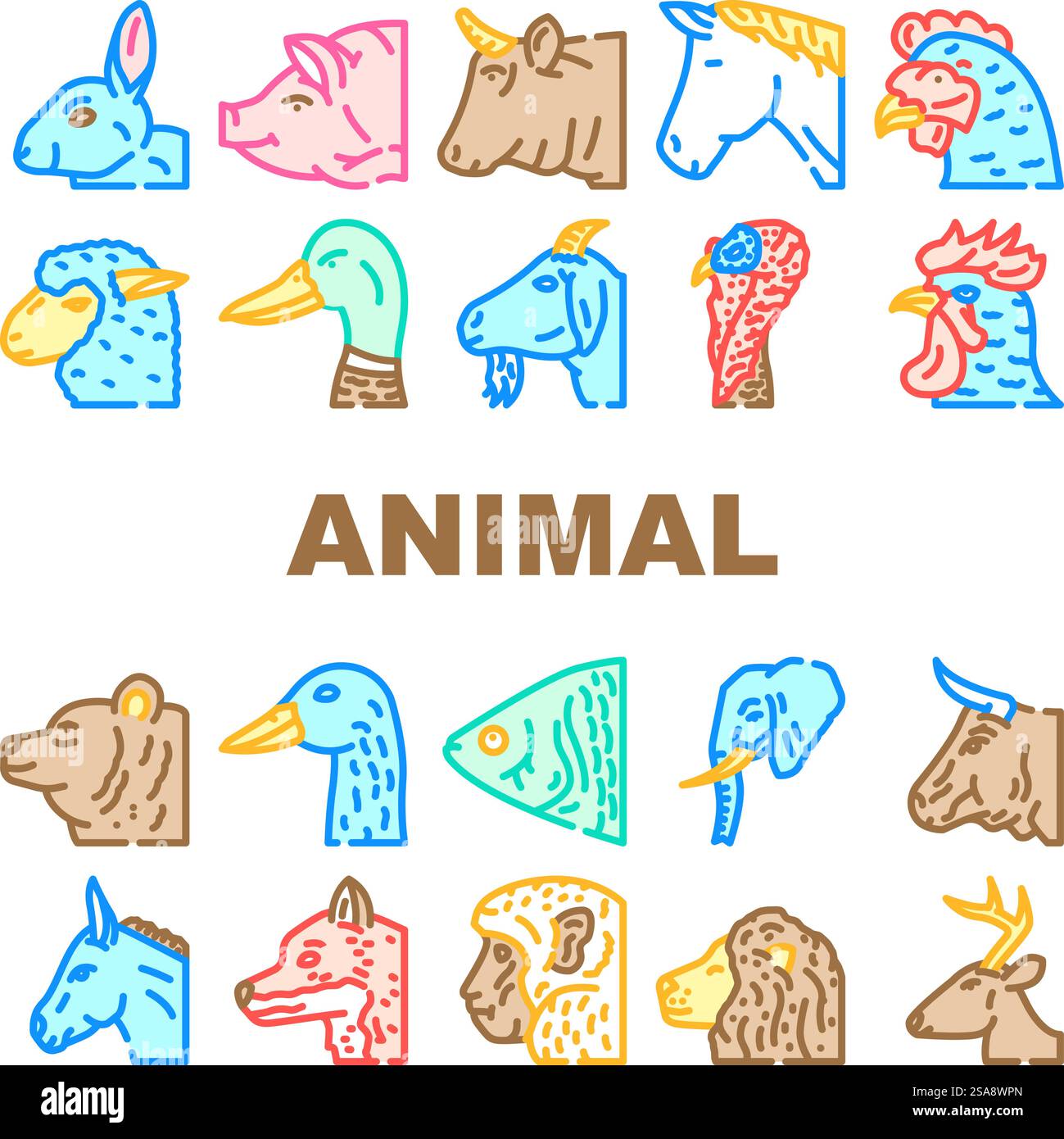 zoo animali animali animali faccia fattoria icone set vettoriale. mucca elefante, orso, maiale, leone gatto, cervi ovini, zoo con anatra alla volpe, illustrazioni delle linee colorate della fattoria degli animali domestici. zoo animali animali animali faccia fattoria icone set vettoriale Illustrazione Vettoriale