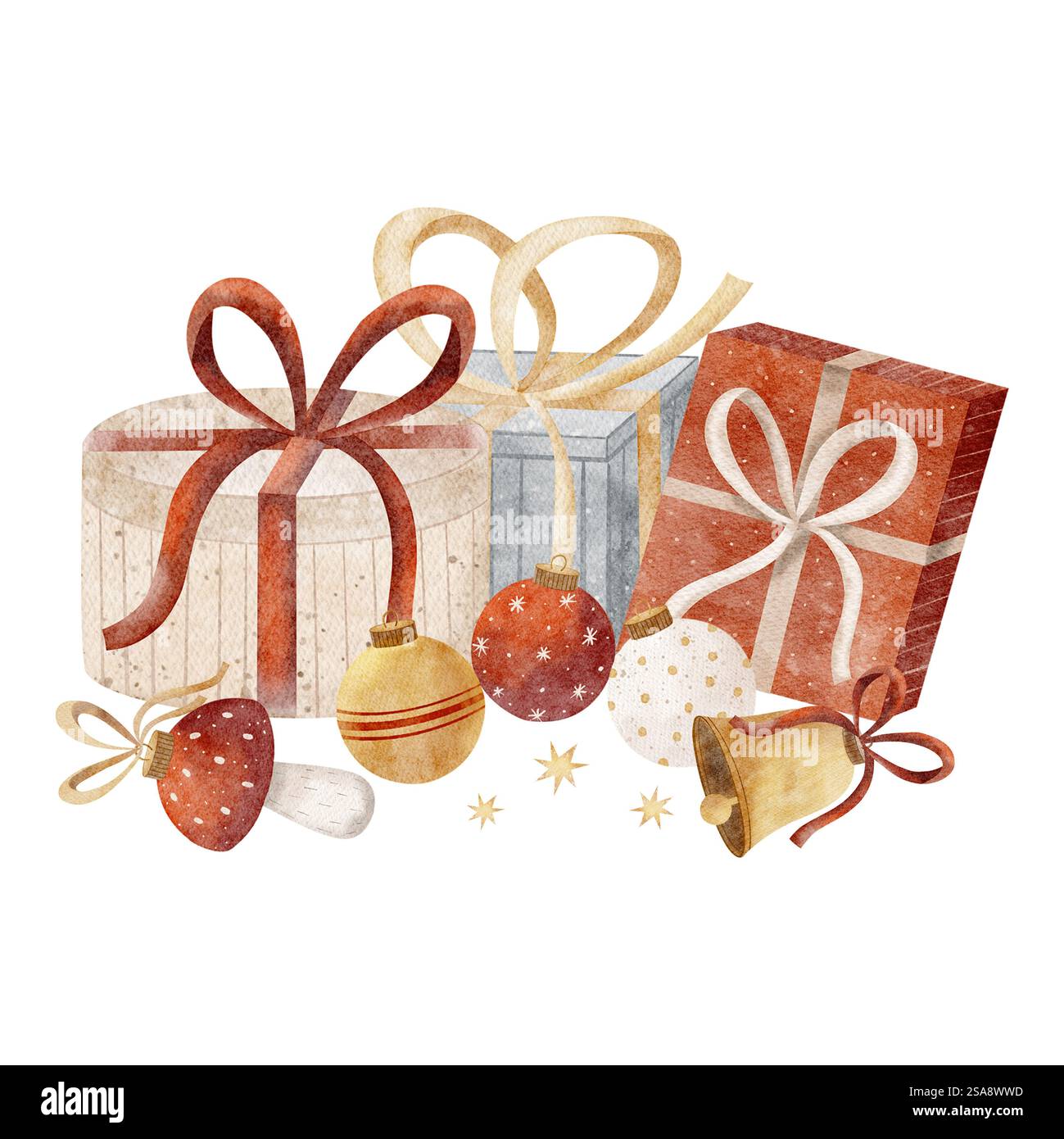 Scatole regalo con composizione ad acquerello, decorazioni con alberi di Natale. Illustrazione palle di Capodanno, giocattoli, stelle su sfondo bianco per la progettazione di carte e poster Foto Stock