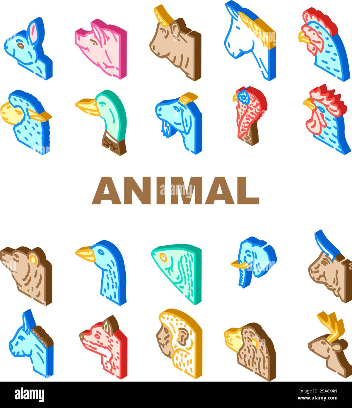 zoo animali animali animali faccia fattoria icone set vettoriale. mucca elefante, orso, maiale, leone gatto, cervi ovini, illustrazioni dei segni isometrici dello zoo dell'anatra alla volpe. zoo animali animali animali faccia fattoria icone set vettoriale Illustrazione Vettoriale