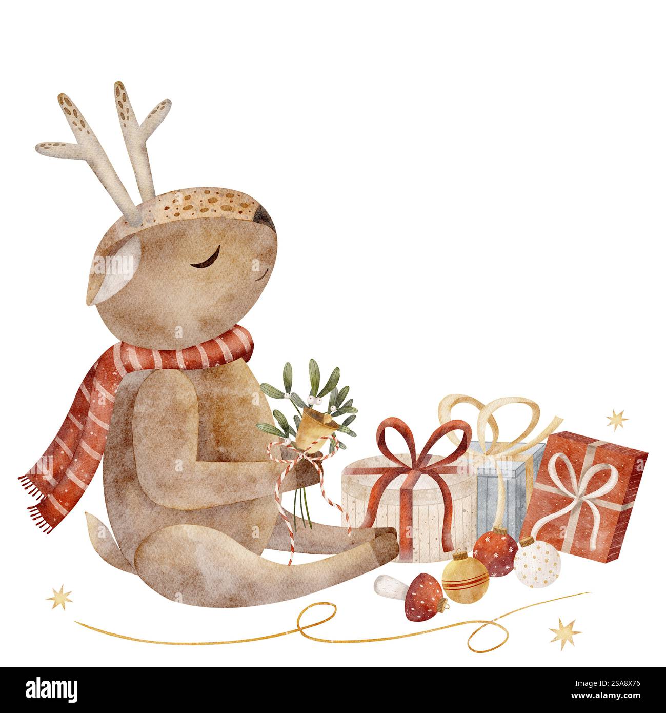 Il cervo con composizione ad acquerello contiene il vischio, scatole regalo e decorazioni con alberi di Natale. Illustrazione palle di Capodanno, giocattoli, stelle su sfondo bianco per il design Foto Stock