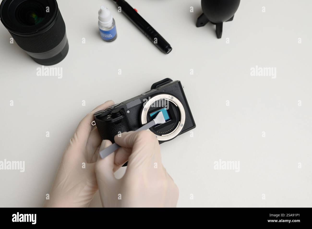 Pulizia del tampone di pulizia del sensore della fotocamera per rimuovere la sporcizia dal sensore. Pulizia e manutenzione del sensore della telecamera mirrorless. Concetto di cura per il prof Foto Stock