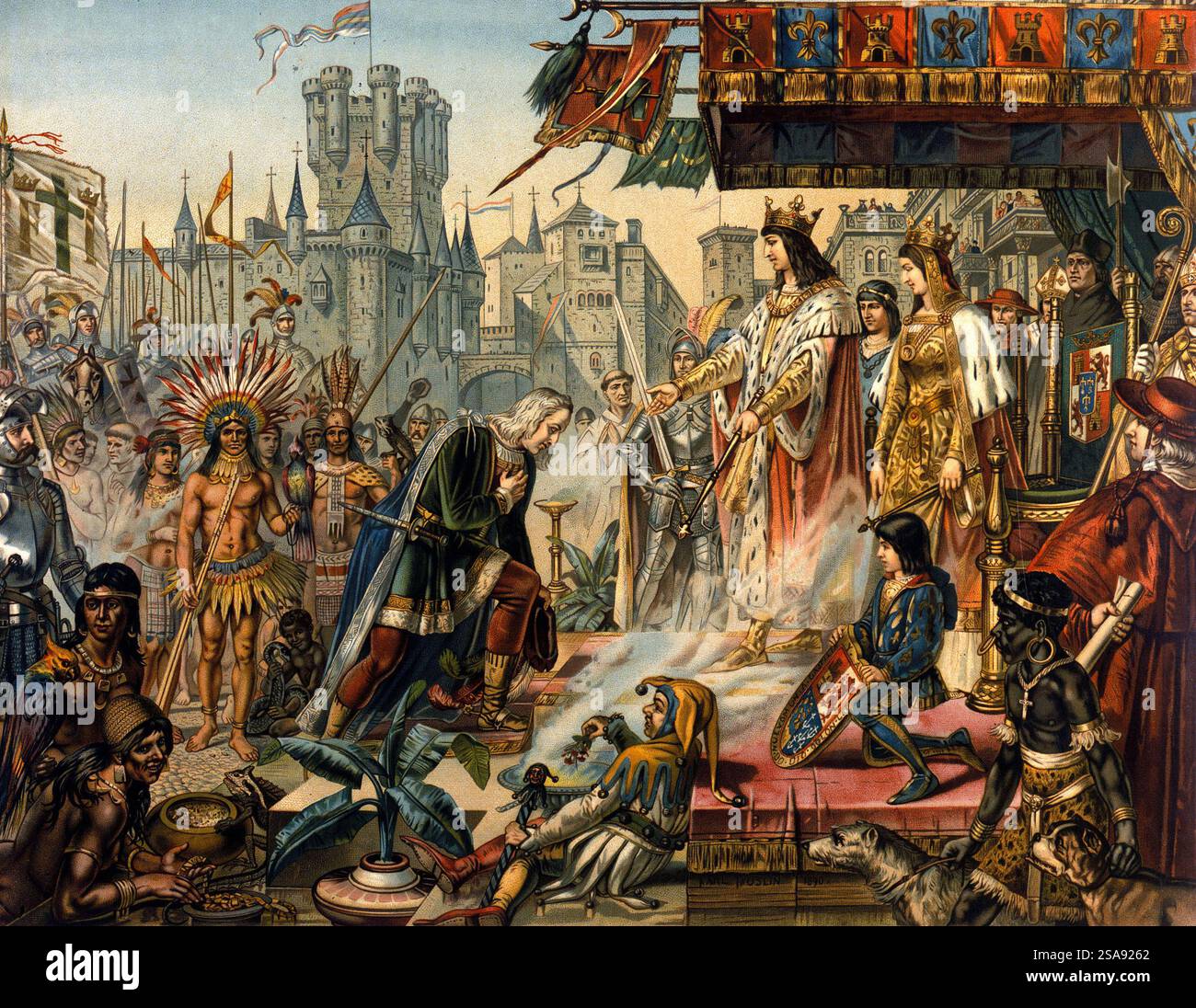 Cristoforo Colombo alla corte di Barcellona, in Spagna, dopo il suo ritorno dal nuovo mondo, 1493 - Ferdinando II (1452-1516) di Aragona e Isabella (1451-1504) di Castiglia Foto Stock