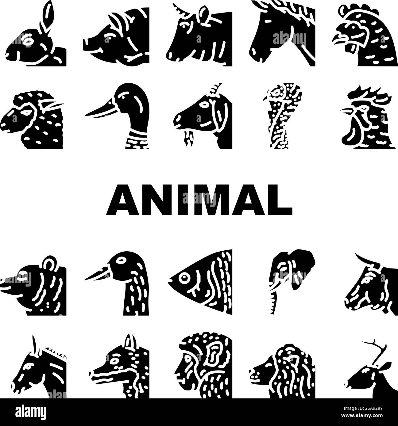 zoo animali animali animali faccia fattoria icone set vettoriale. mucca elefante, orso, maiale, leone gatto, cervi ovini, zoo con anatra alla volpe illustrazioni pittogrammi di glifi della fattoria di animali domestici. zoo animali animali animali faccia fattoria icone set vettoriale Illustrazione Vettoriale