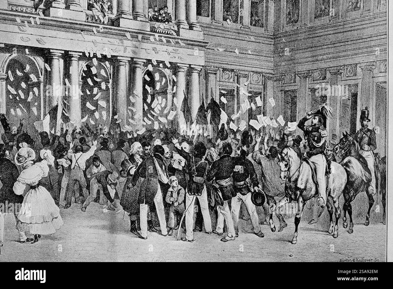 Il duca d'Orleans distribuì la sua proclamazione, il 31 luglio 1830, alle persone riunite sotto le finestre del suo palazzo. Incisione, V. Adam. diciannovesimo Foto Stock