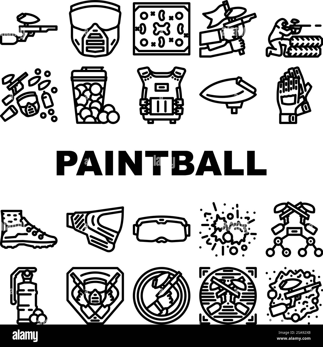 disegna le icone dei soldati del gioco della palla imposta il vettore. speciale paintball, giocatore, sparare a pistola, sparare, sparare, bersaglio, forze di squadra guerra divertimento pittura gioco palla soldato nero contorno illustrazioni. disegna le icone dei soldati del gioco della palla imposta il vettore Illustrazione Vettoriale