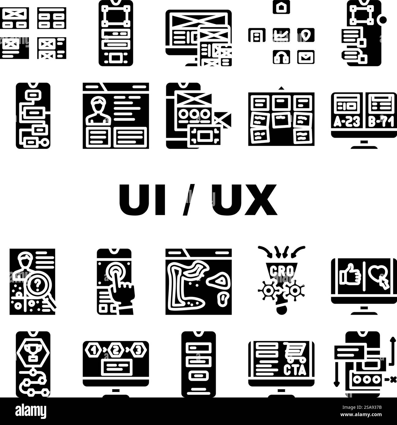icone dell'applicazione interfaccia web ux dell'interfaccia utente impostate come vettore. business mobile, utente freccia, strumento per siti web, controllo, modern simple, scopri le illustrazioni pittogramma glifo dell'app dell'interfaccia Web ux dell'interfaccia utente. icone dell'applicazione interfaccia web ux dell'interfaccia utente impostate come vettore Illustrazione Vettoriale