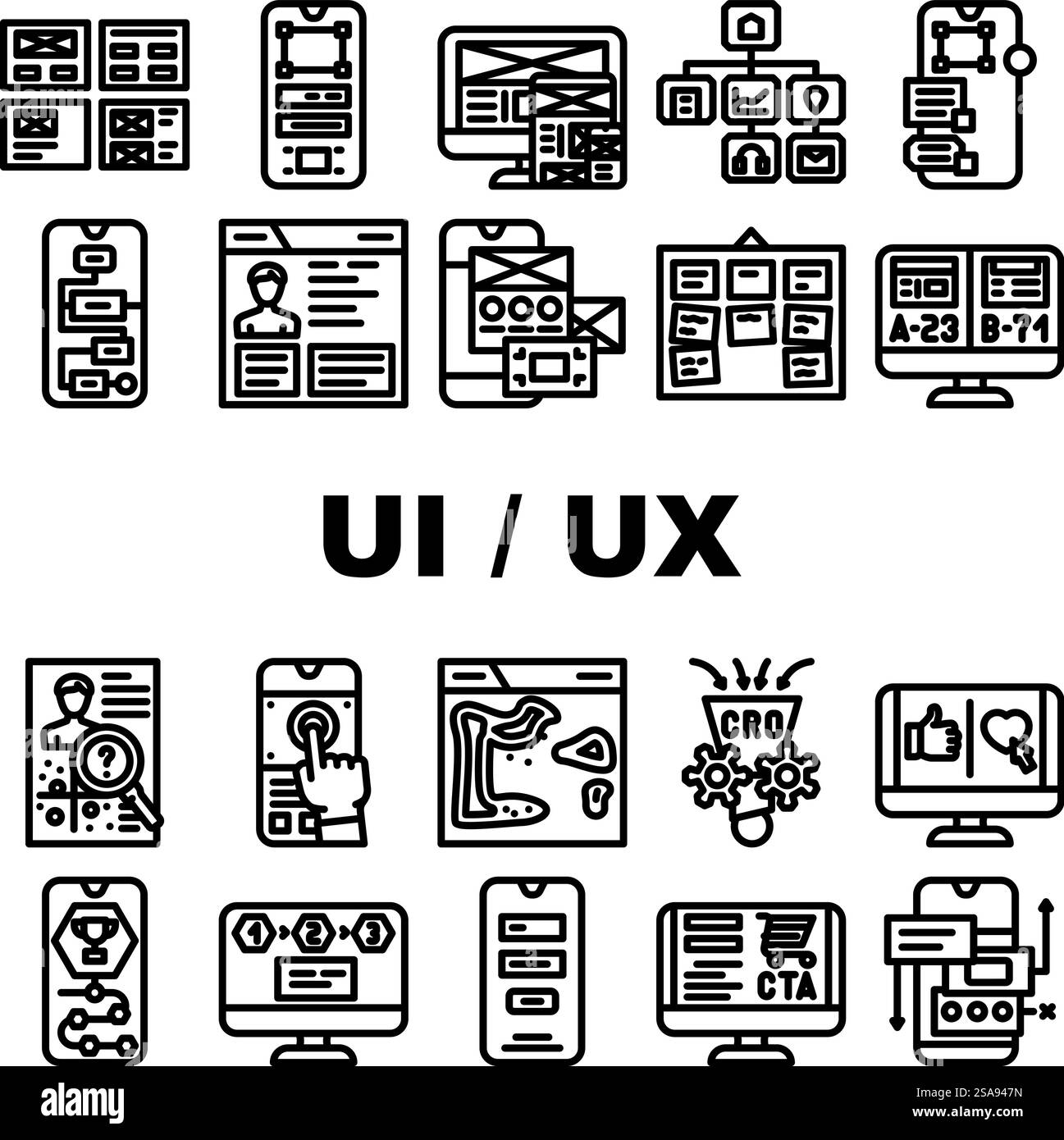 icone dell'applicazione interfaccia web ux dell'interfaccia utente impostate come vettore. business mobile, utente freccia, strumento per siti web, controllo, modern simple, scopri le illustrazioni del contorno nero dell'app dell'interfaccia web ux dell'interfaccia utente. icone dell'applicazione interfaccia web ux dell'interfaccia utente impostate come vettore Illustrazione Vettoriale