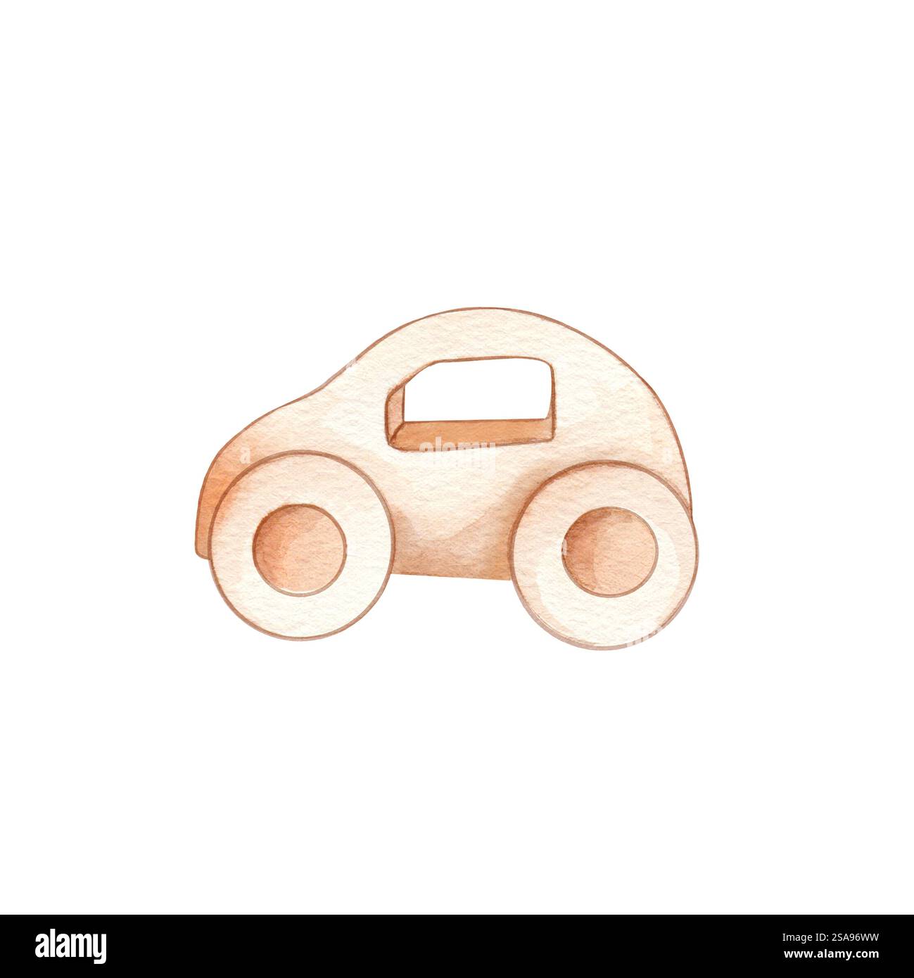 Auto per bambini. Giocattolo di legno. Disegnato ad acquerello, a mano, isolato su sfondo bianco. Colori pastello, stile retrò. Per biglietti, compleanno, baby shower Foto Stock