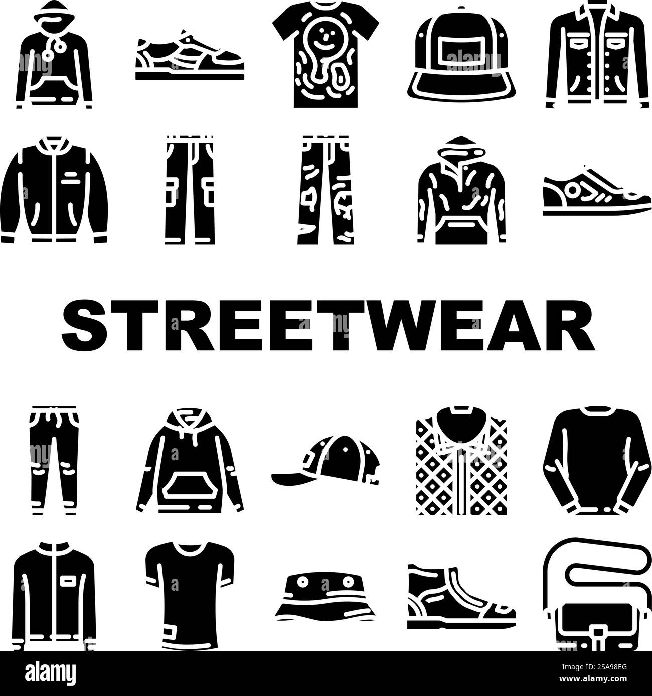 le icone dello stile urbano del tessuto streetwear sono vettoriali. elemento stampato, camicia donna, moda astratta, abbigliamento da negozio, globe angel, futuristica stoffa streetwear stile urbano con illustrazioni a pittogramma di glifi. le icone dello stile urbano del tessuto streetwear sono vettoriali Illustrazione Vettoriale