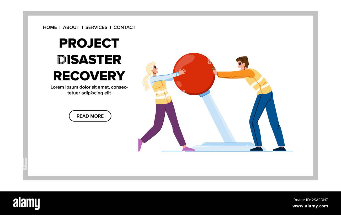 previsione di mitigazione del vettore di disaster recovery. strategia dei rischi, incidenti di continuità, gestione e mitigazione delle comunicazioni progetto di disaster recovery illustrazione di un fumetto web flat. previsione di mitigazione del vettore di disaster recovery Illustrazione Vettoriale