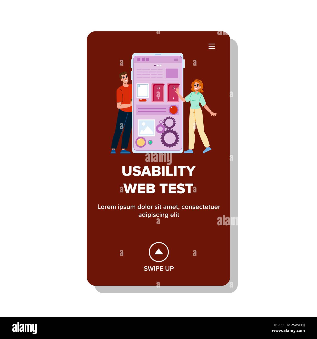 navigazione usabilità vettore di test web. accessibilità alle funzionalità, mobile reattivo, ottimizzazione efficienza navigazione usabilità test web illustrazione di fumetti web flat. navigazione usabilità vettore di test web Illustrazione Vettoriale