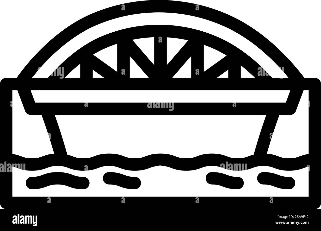 vettore dell'icona della linea del ponte della stringa di archi. segnale del ponte a cordoncino. illustrazione nera del simbolo del contorno isolato. illustrazione vettoriale dell'icona della linea del ponte della stringa di testo Illustrazione Vettoriale