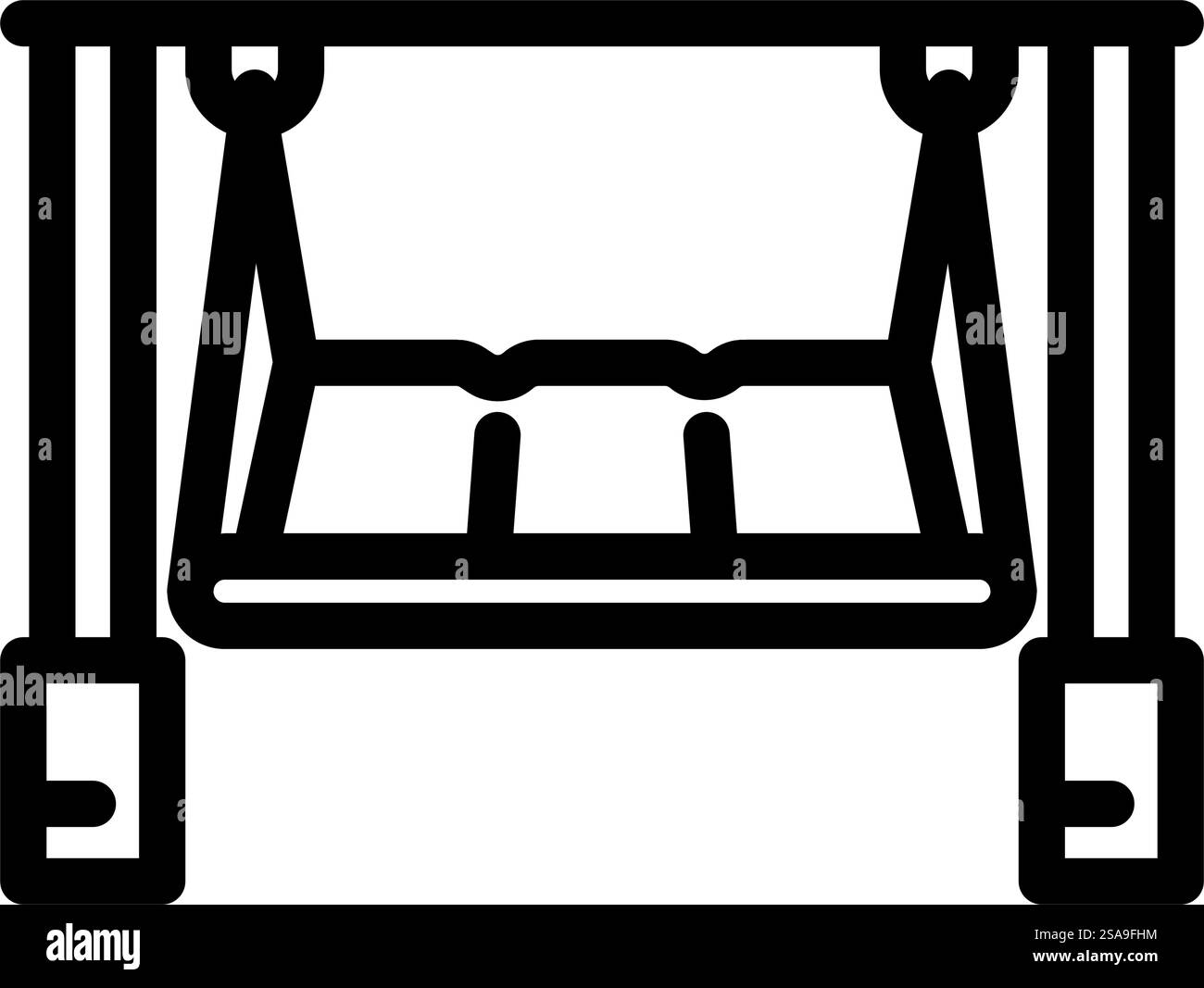 icona vettoriale della linea di mobili per esterni con altalena. cartello per mobili da esterno con altalena. illustrazione nera del simbolo del contorno isolato. illustrazione vettoriale dell'icona della linea di mobili per esterni con apertura a portico Illustrazione Vettoriale
