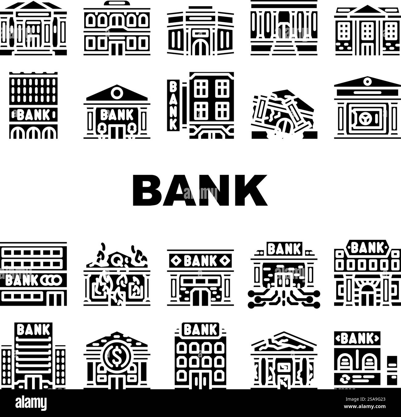 le icone di finanza aziendale per la costruzione di banche impostano il vettore. Uffici comunali, amministrazione finanziaria, architettura del denaro, paesaggio urbano edificio bancario business finanza glifo illustrazioni pittogrammi. le icone di finanza aziendale per la costruzione di banche impostano il vettore Illustrazione Vettoriale