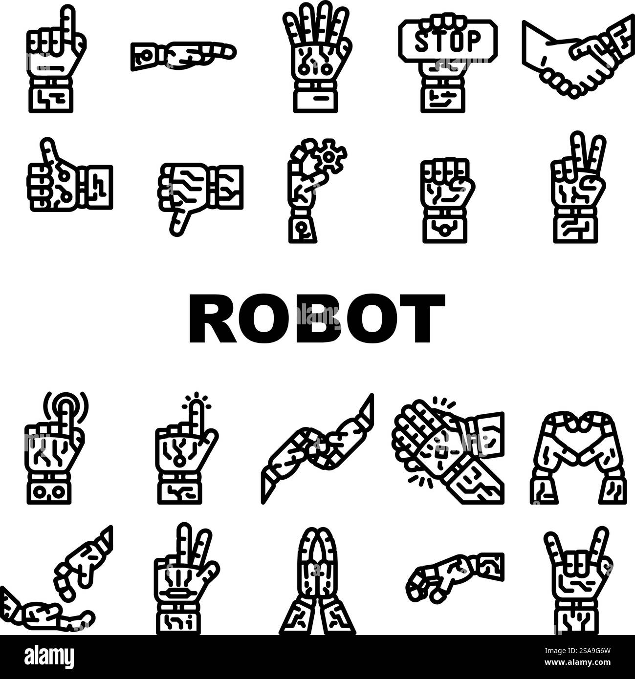 le icone della tecnologia del robot manuale impostano il vettore. cyborg artificiale, braccio futuro, dito umano, tocco futuristico, tecnologia machine cyber ai tecnologia robot manuale illustrazioni di contorno nero. le icone della tecnologia del robot manuale impostano il vettore Illustrazione Vettoriale