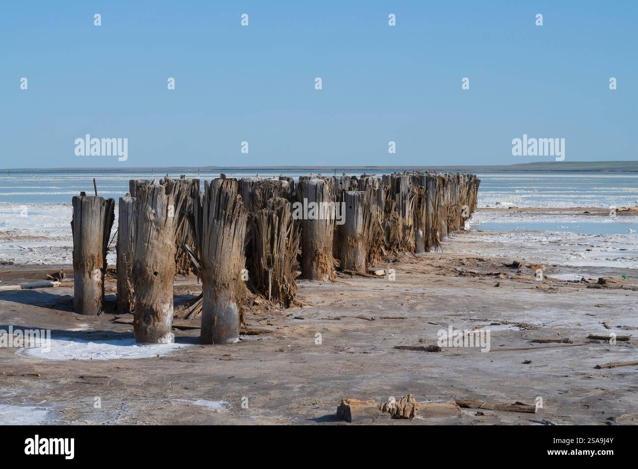 Rovine di un vecchio molo sulla riva del lago salato Baskunchak. Regione di Astrakhan, Russia Foto Stock