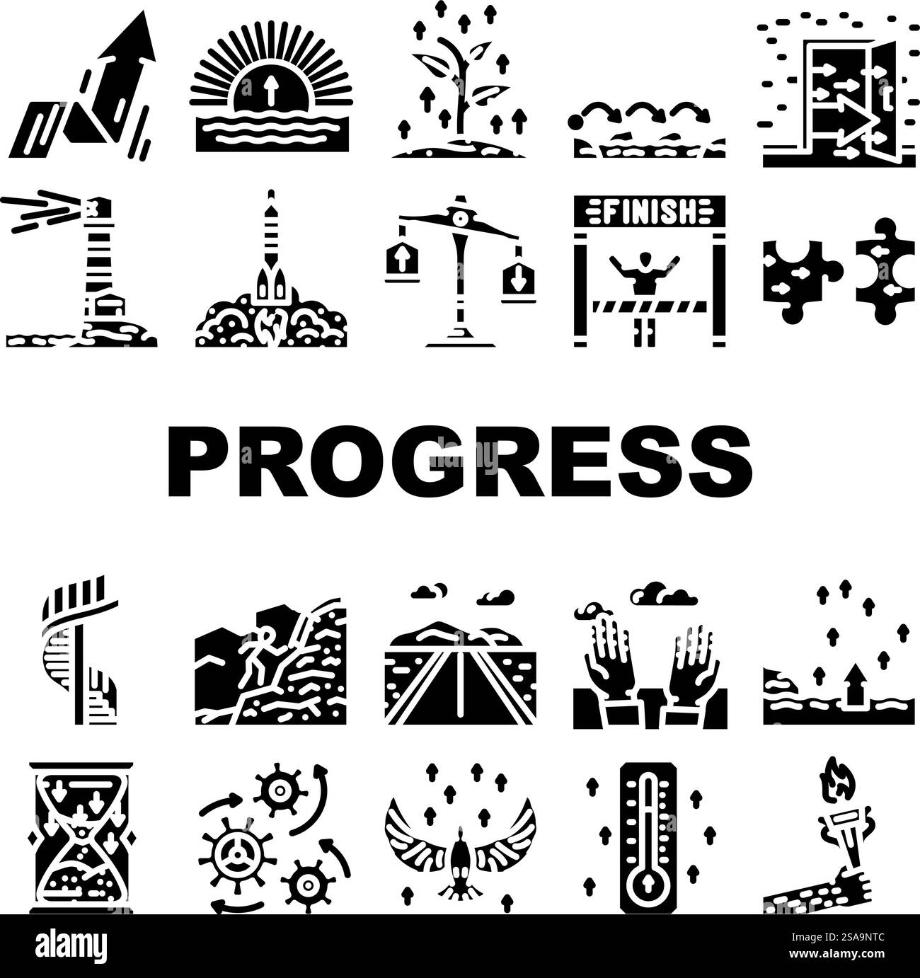 progredire le icone degli obiettivi di successo aziendale impostare il vettore. Obiettivo di leadership, crescita della strategia, opportunità di carriera, aumento del lavoro finanza avanzamento dei profitti successo aziendale obiettivo glifi illustrazioni pittogrammi. progredire le icone degli obiettivi di successo aziendale impostare il vettore Illustrazione Vettoriale