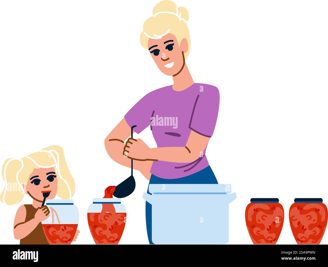 vettoriale di marmellate fatte in casa. torta di fragole, marmellata di gelatina, torta di mirtilli che prepara marmellate fatte in casa. persone illustrazione a fumetti piatta. vettoriale di marmellate fatte in casa Illustrazione Vettoriale