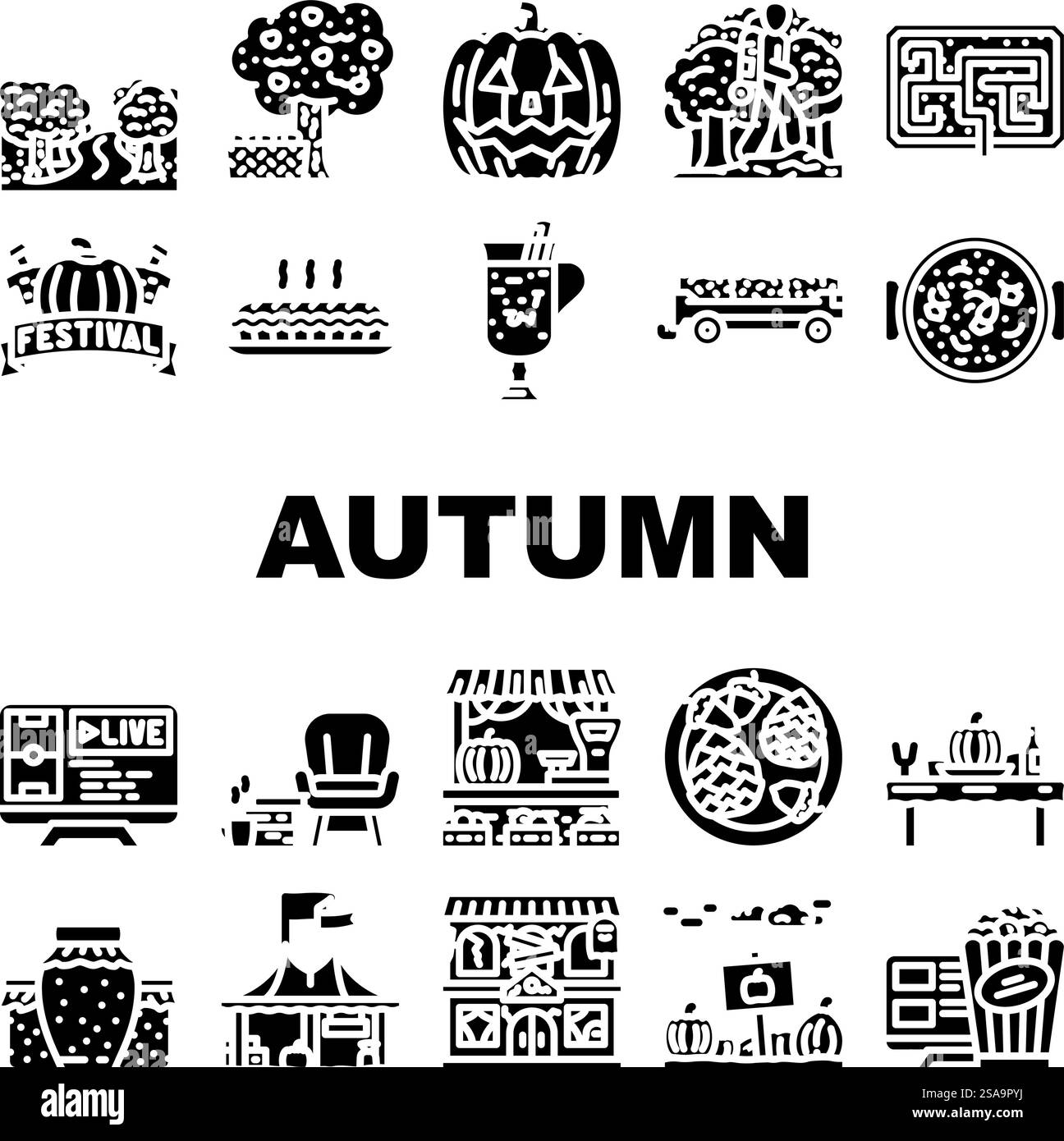 le icone della foresta in autunno impostano il vettore. natura famiglia, donna insieme, gente del parco, albero da giardino, ritratto del padre, l'autunno dei funghi trascorrerà del tempo illustrazioni di pittogrammi con glifi forestali. le icone della foresta in autunno impostano il vettore Illustrazione Vettoriale