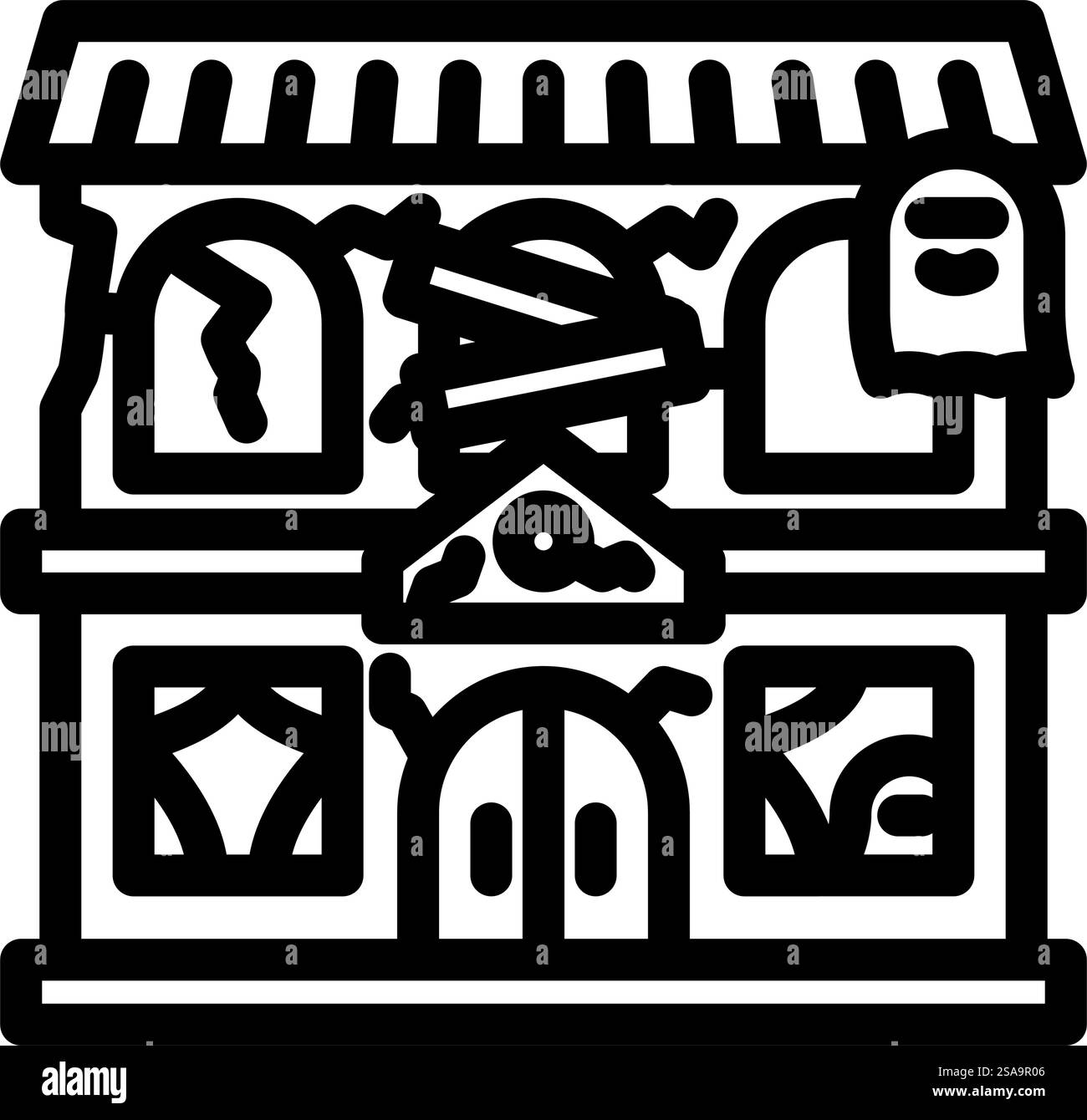 icona della linea autunnale della casa infestata dai fantasmi. cartello autunnale della casa infestata. illustrazione nera del simbolo del contorno isolato. illustrazione vettoriale dell'icona della linea autunnale della casa infestata dai fantasmi Illustrazione Vettoriale