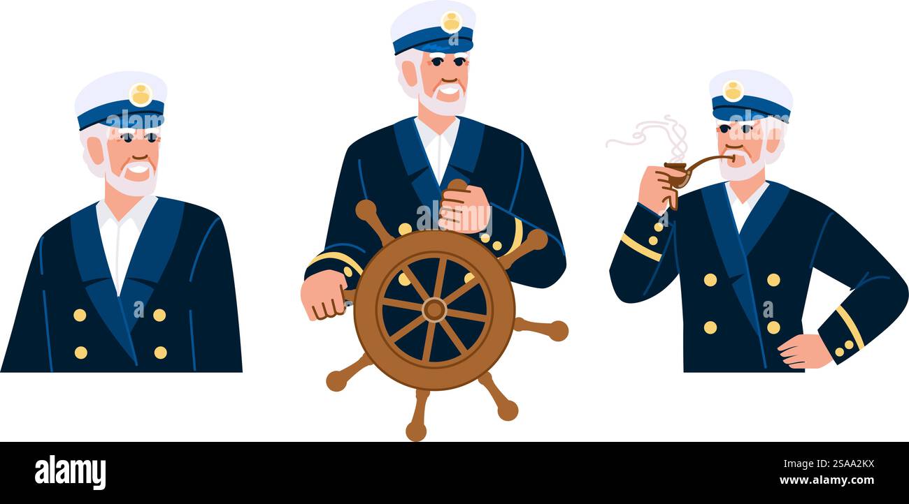 nave oceanica capitano vettore. timone dell'equipaggio, bussola di coperta, personaggio del capitano della nave oceanica. persone illustrazione a fumetti piatta. nave oceanica capitano vettore Illustrazione Vettoriale
