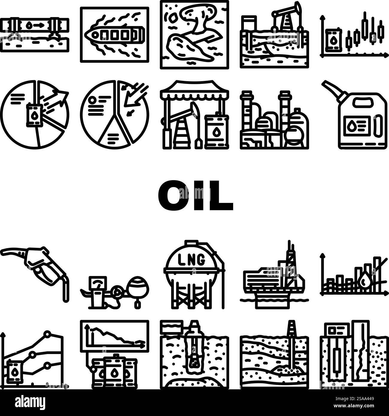 le icone della trivellazione petrolifera impostano il vettore. tubazioni, geologia dei bacini idrici, sismico a monte, midstream a valle, industria del petrolio greggio trivellazione di profili neri. le icone della trivellazione petrolifera impostano il vettore Illustrazione Vettoriale