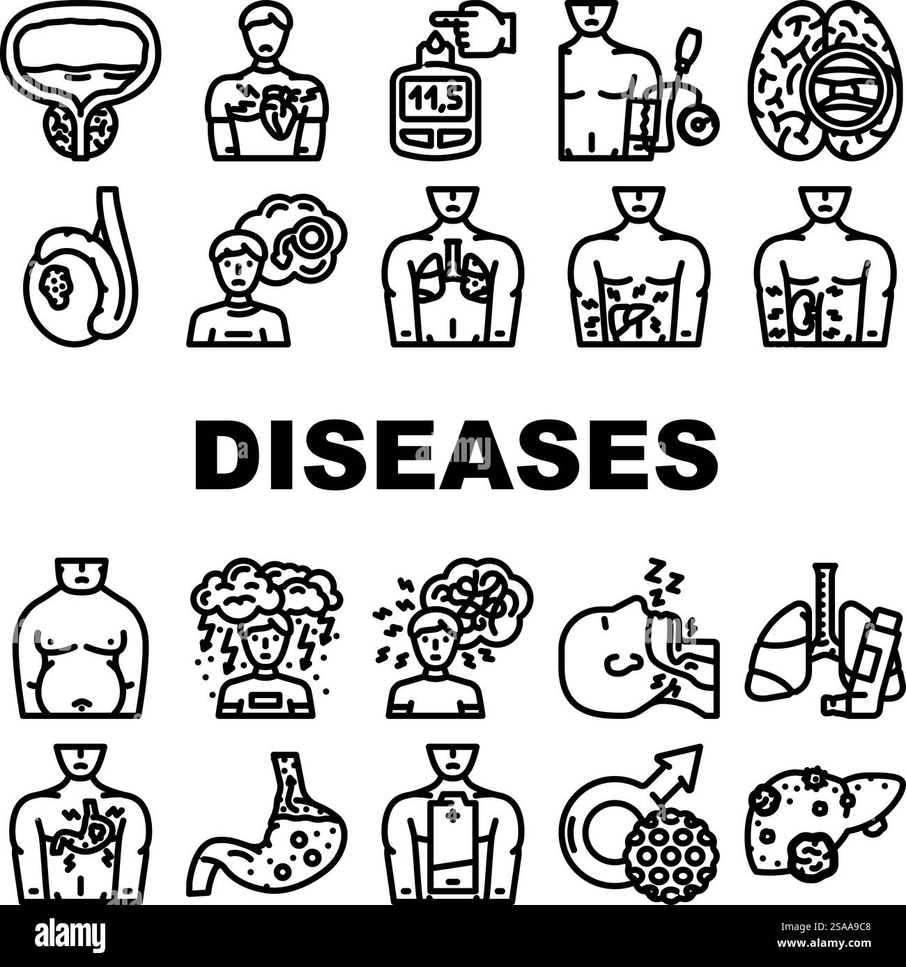 uomini malattie cancro alla prostata icone set vettoriale. diabete ipertensione, obesità depressione, ictus cardiaco, osteoporosi erettile uomini malattie cancro alla prostata illustrazioni contorno nero. uomini malattie cancro alla prostata icone set vettoriale Illustrazione Vettoriale