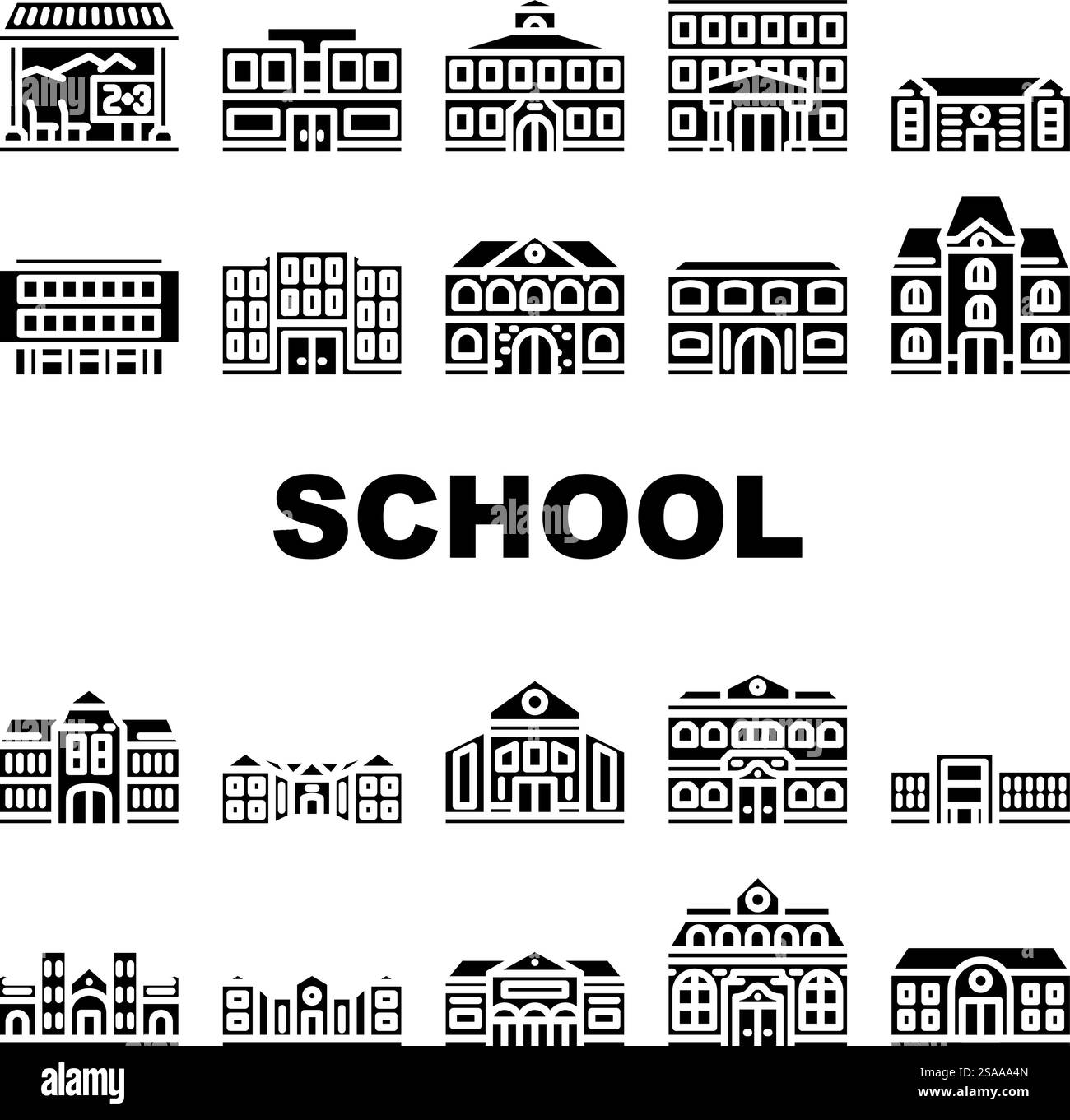 le icone della palestra di costruzione scolastica impostano il vettore. Biblioteca in classe, auditorium, caffetteria, parco giochi per laboratori, corridoio, edificio della scuola di ingresso palestra, pittogrammi con glifi. le icone della palestra di costruzione scolastica impostano il vettore Illustrazione Vettoriale le icone della palestra di costruzione scolastica impostano il vettore. Biblioteca in classe, auditorium, caffetteria, parco giochi per laboratori, corridoio, edificio della scuola di ingresso palestra, pittogrammi con glifi. le icone della palestra di costruzione scolastica impostano il vettore Illustrazione Vettoriale