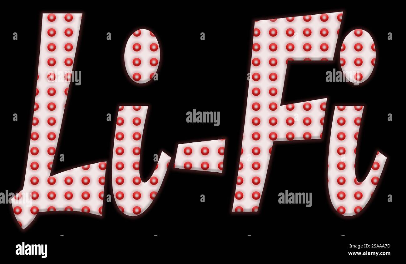 Composizione digitale. Effetto lampada a diodo a emissione luminosa a LED. Sovrapporre le lettere li-Fi. La tecnologia li-Fi Light Fidelity è una tecnologia di comunicazione wireless che utilizza la luce per trasmettere i dati e la posizione tra i dispositivi ed è considerata un'alternativa potenzialmente più rapida al wi-fi. luci, trasmissione, Foto Stock