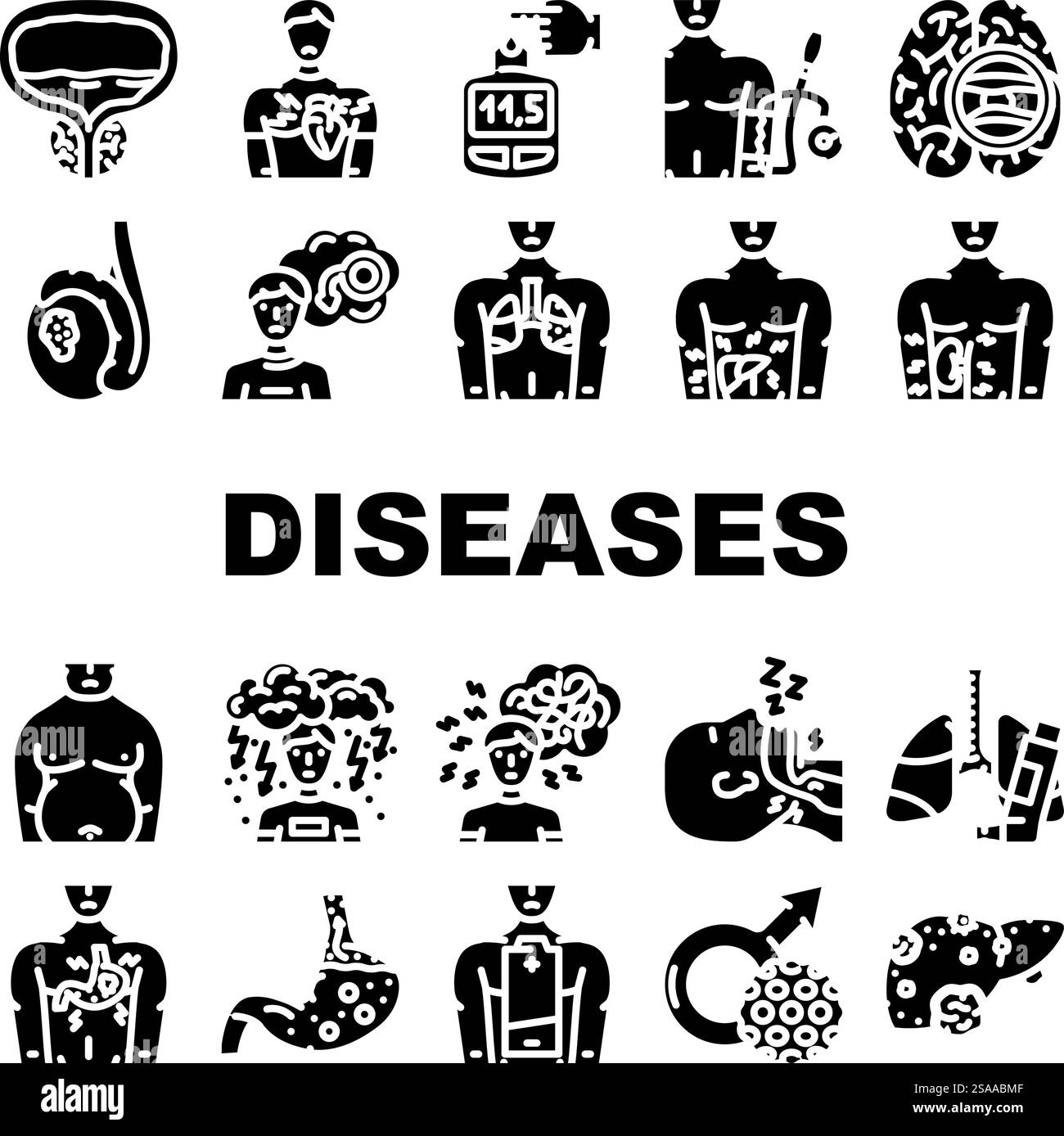uomini malattie cancro alla prostata icone set vettoriale. Diabete ipertensione, obesità depressione, ictus cardiaco, osteoporosi erettile uomini malattie cancro alla prostata glifi illustrazioni pittogramma. uomini malattie cancro alla prostata icone set vettoriale Illustrazione Vettoriale