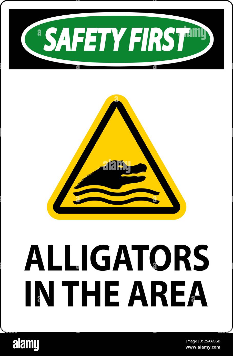 Cartello Safety First alligators in the area Illustrazione Vettoriale