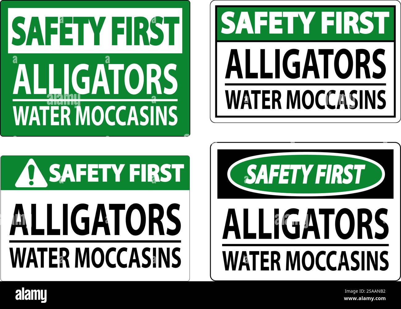 Alligatori con segnale di sicurezza First Sign - mocassini ad acqua Illustrazione Vettoriale