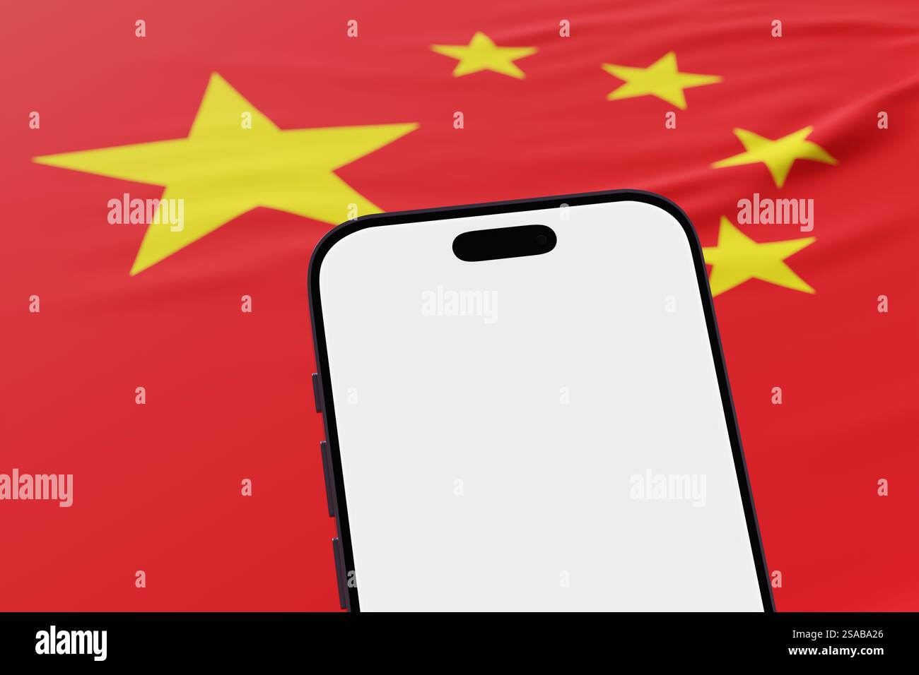 Telefono cellulare con schermata bianca davanti alla bandiera nazionale della Cina. Concetto di app mobile cinese e piattaforme di servizi online Foto Stock