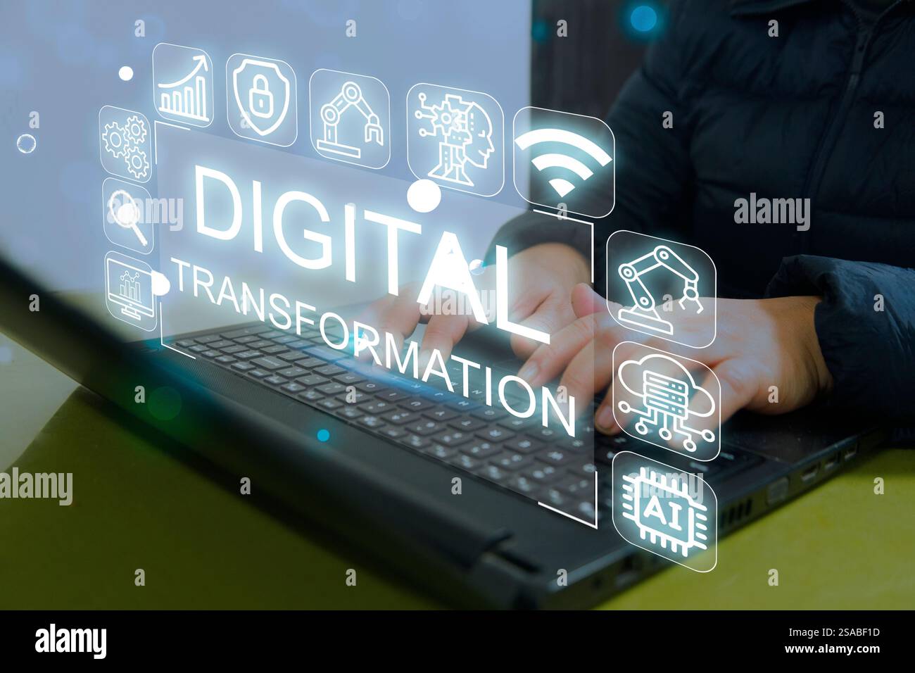 Strategia tecnologica di trasformazione digitale ai, IoT, intelligenza artificiale, adozione della tecnologia, miglioramento delle capacità aziendali globali, cliente Foto Stock