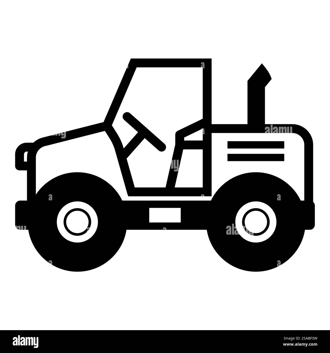 Icona minimalista del trattore in bianco e nero adatta per i temi agricoli. Perfetto per loghi, illustrazioni e disegni grafici relativi all'agricoltura o alla vita rurale. Illustrazione Vettoriale