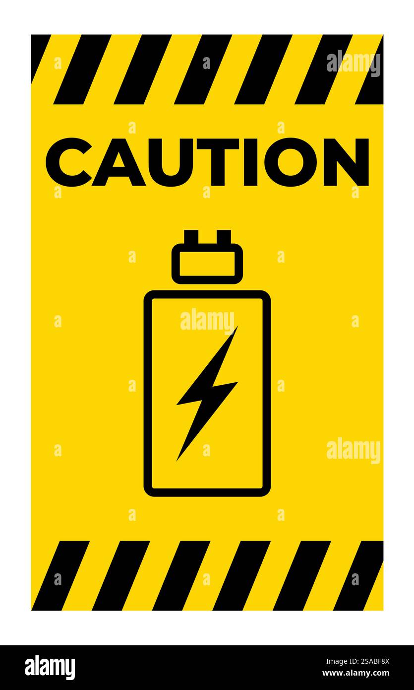 Segnale di attenzione giallo luminoso con icona della batteria e testo di avvertenza. Ideale per il trasporto di informazioni sulla sicurezza relative all'utilizzo e alla manutenzione della batteria. Illustrazione Vettoriale
