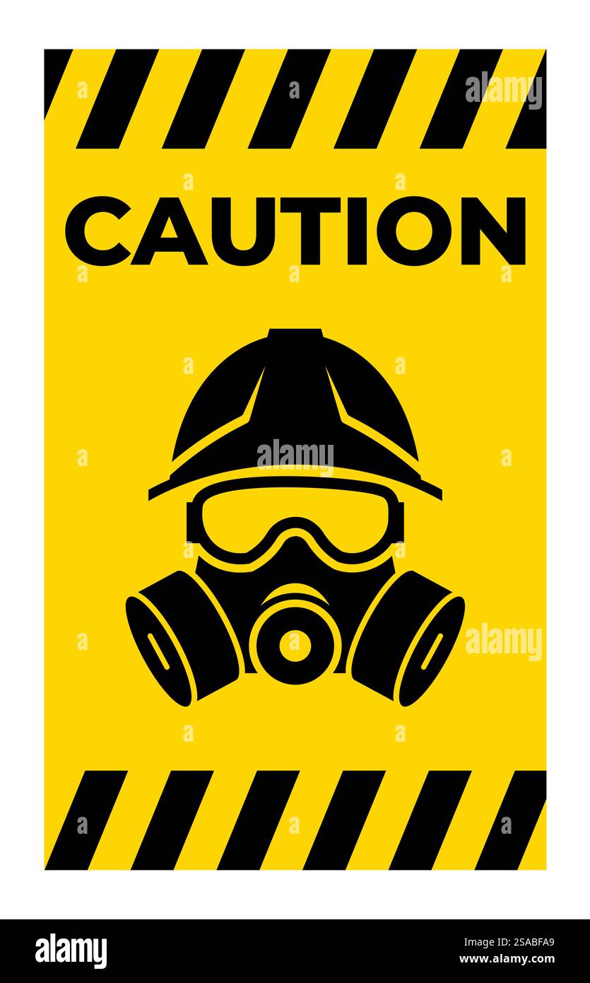 Un'audace etichetta di avvertenza con casco di sicurezza e maschera antigas, che sottolinea l'importanza delle misure di sicurezza in ambienti pericolosi come i cantieri edili. Illustrazione Vettoriale