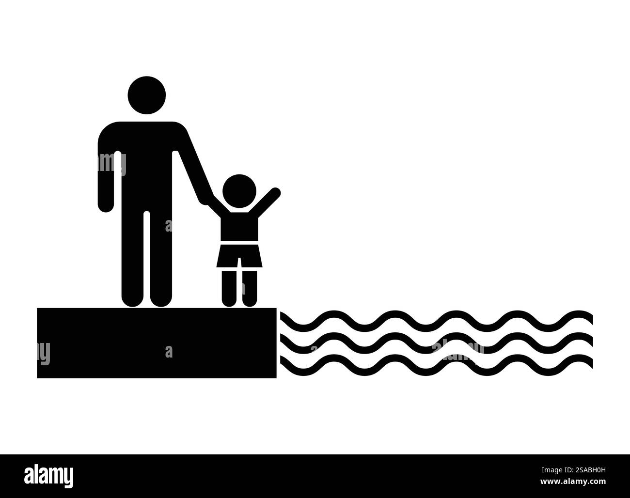 Questa icona minimalista raffigura un genitore e un bambino vicino all'acqua, mettendo in risalto temi di famiglia, amore e Unione in un ambiente all'aperto giocoso. Illustrazione Vettoriale