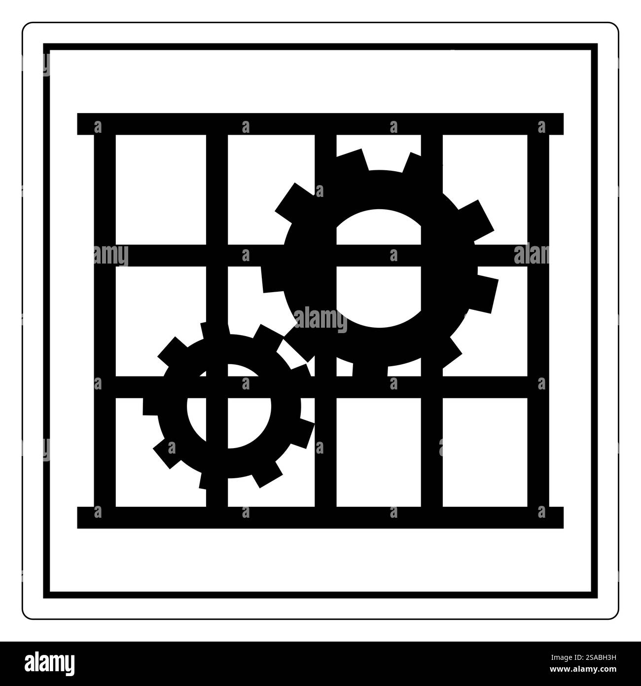 Un'icona astratta che rappresenta gli ingranaggi all'interno di una griglia, ideale per applicazioni di progettazione meccanica e ingegneristica, che mostra la relazione tra i componenti. Illustrazione Vettoriale