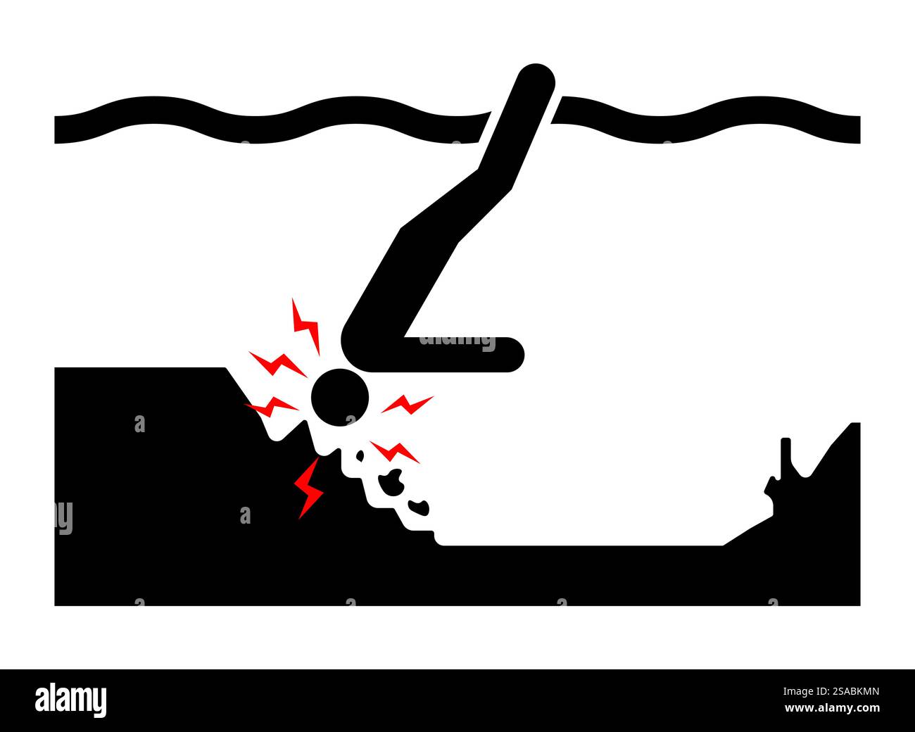 Rappresentazione grafica di un segnale di avvertimento che indica un'area pericolosa per le immersioni in acqua. Illustra i rischi di immersione in acqua con potenziali pericoli. Illustrazione Vettoriale