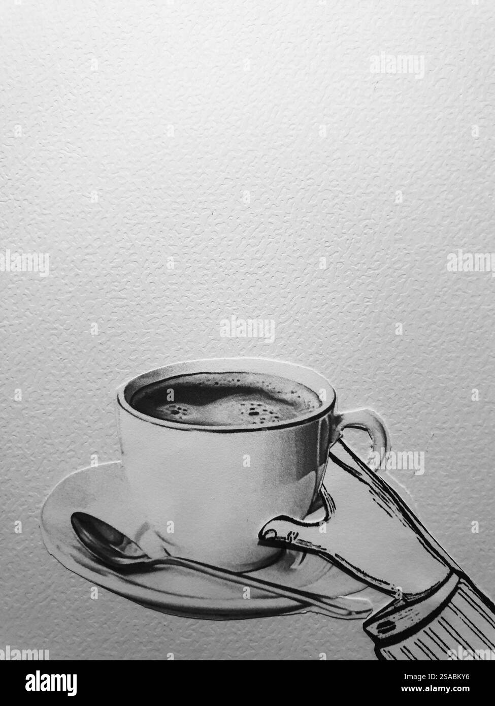 Collage concettuale di una mano che regge una tazza di caffè Foto Stock