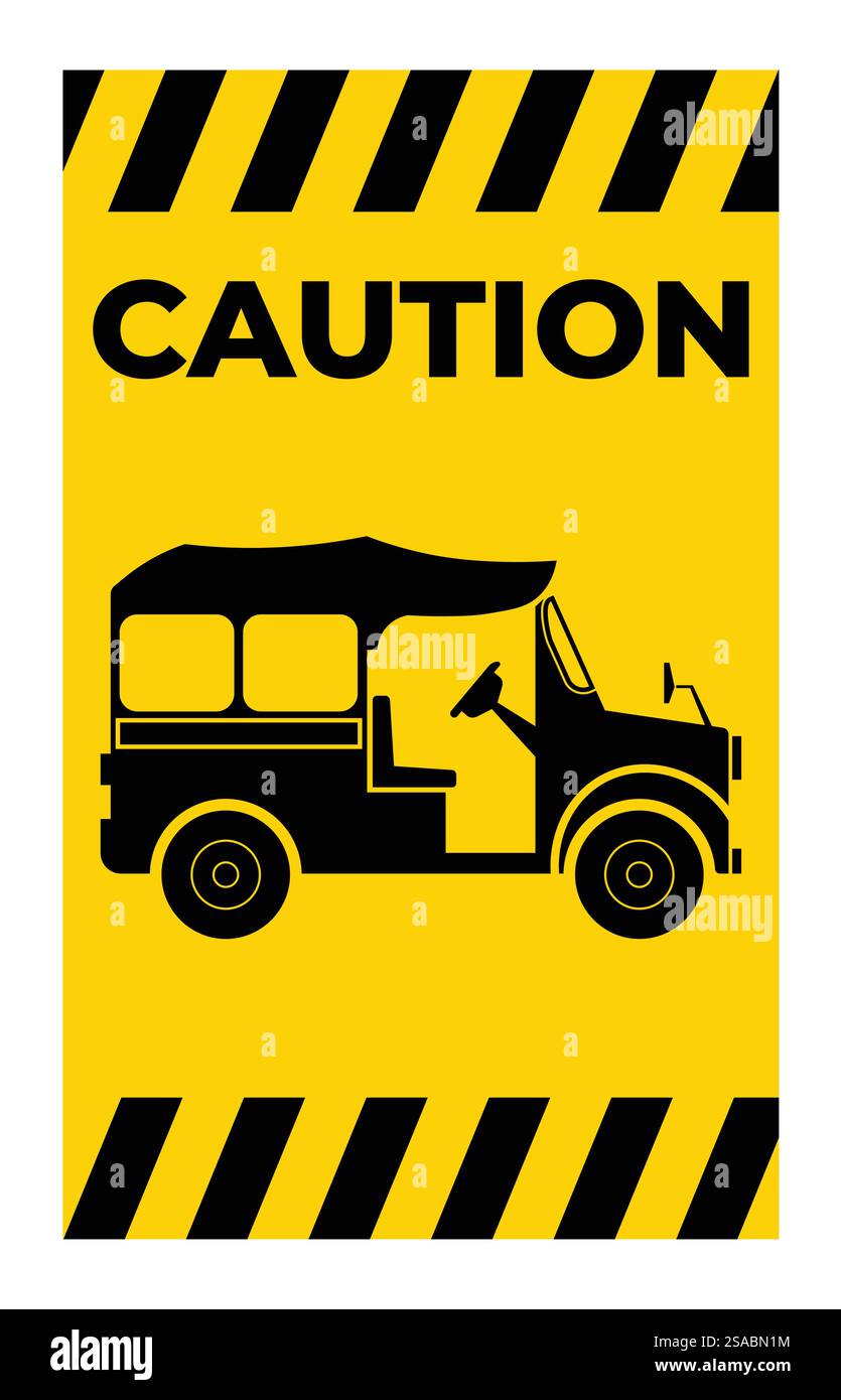 Segnale di attenzione giallo con un'illustrazione del veicolo. Questo grafico comunica la sicurezza e l'avvertenza, ideale per i trasporti e gli ambienti urbani. Illustrazione Vettoriale