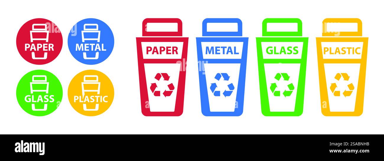 Vivace illustrazione dei contenitori di riciclaggio per carta, metallo, vetro e plastica. Perfetto per promuovere la gestione dei rifiuti e gli sforzi di sostenibilità. Illustrazione Vettoriale