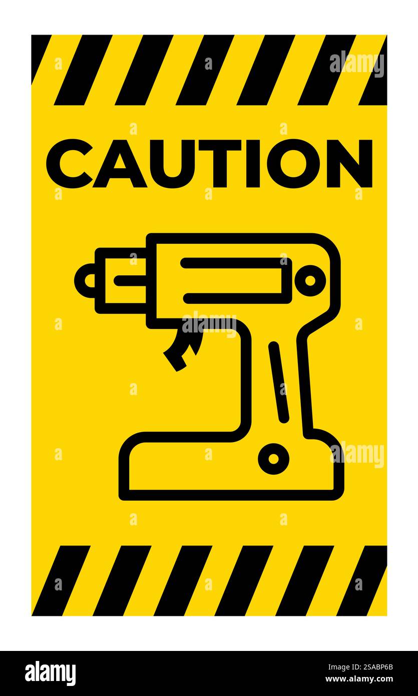 Cartello di avvertenza giallo luminoso con icona di trapano elettrico. Questo grafico mette in evidenza la sicurezza nelle officine e nei cantieri edili, promuovendo la consapevolezza e la protezione. Illustrazione Vettoriale