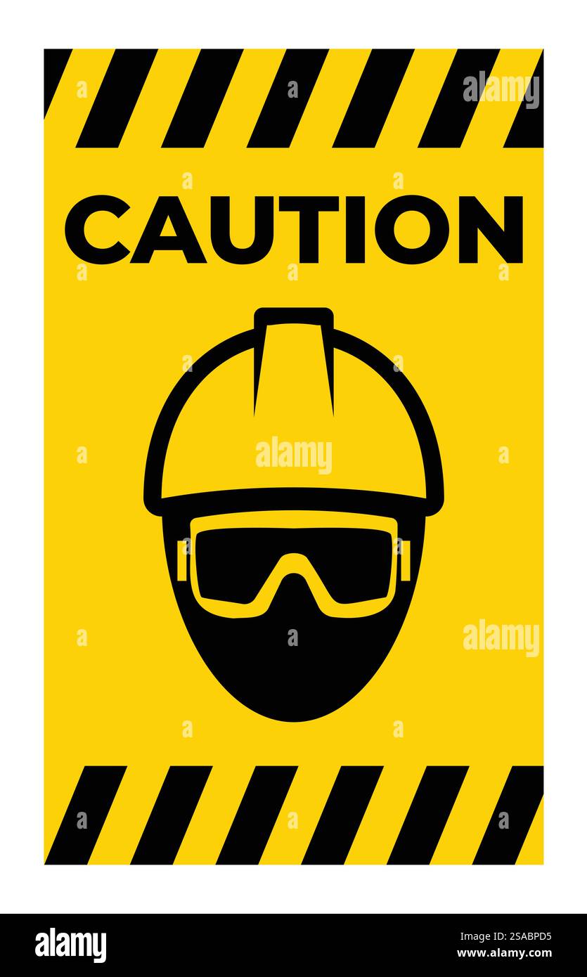 Un cartello di avvertenza giallo luminoso con un casco di sicurezza e l'icona degli occhiali. Ideale per la sicurezza sul lavoro, i cantieri edili e le avvertenze di pericolo per promuovere la consapevolezza. Illustrazione Vettoriale