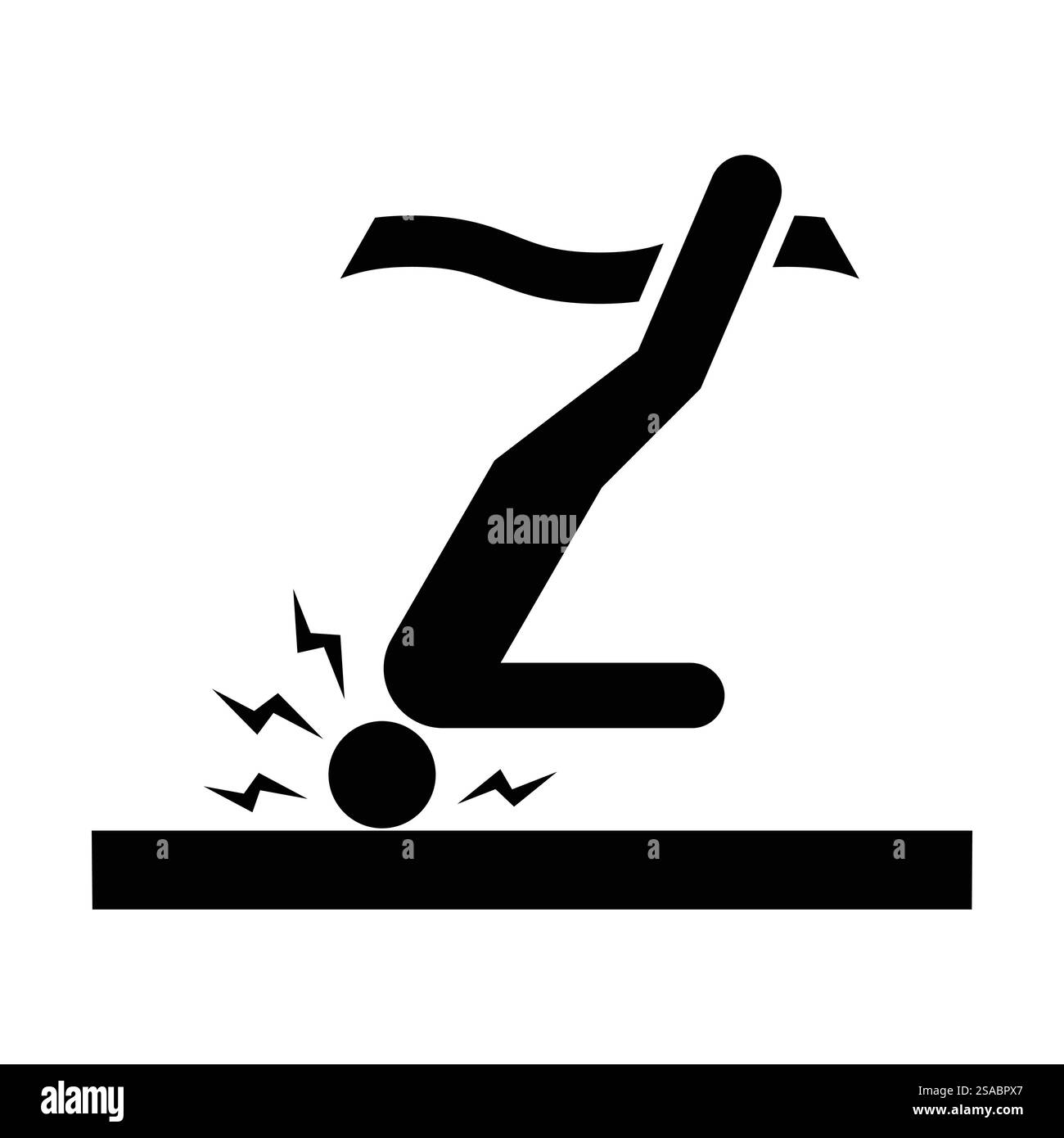 Icona in bianco e nero che raffigura un corridore che cade al traguardo, rappresenta la competizione atletica, gli infortuni e il movimento dinamico nello sport. Illustrazione Vettoriale